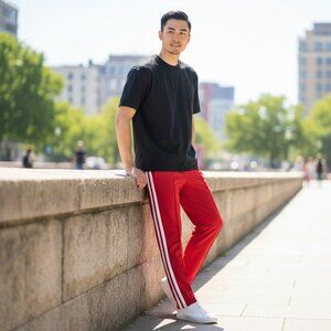 Spanjian Mens Size 32 Red White Stripes Pull On Track Vintage PE Pants VTG USA